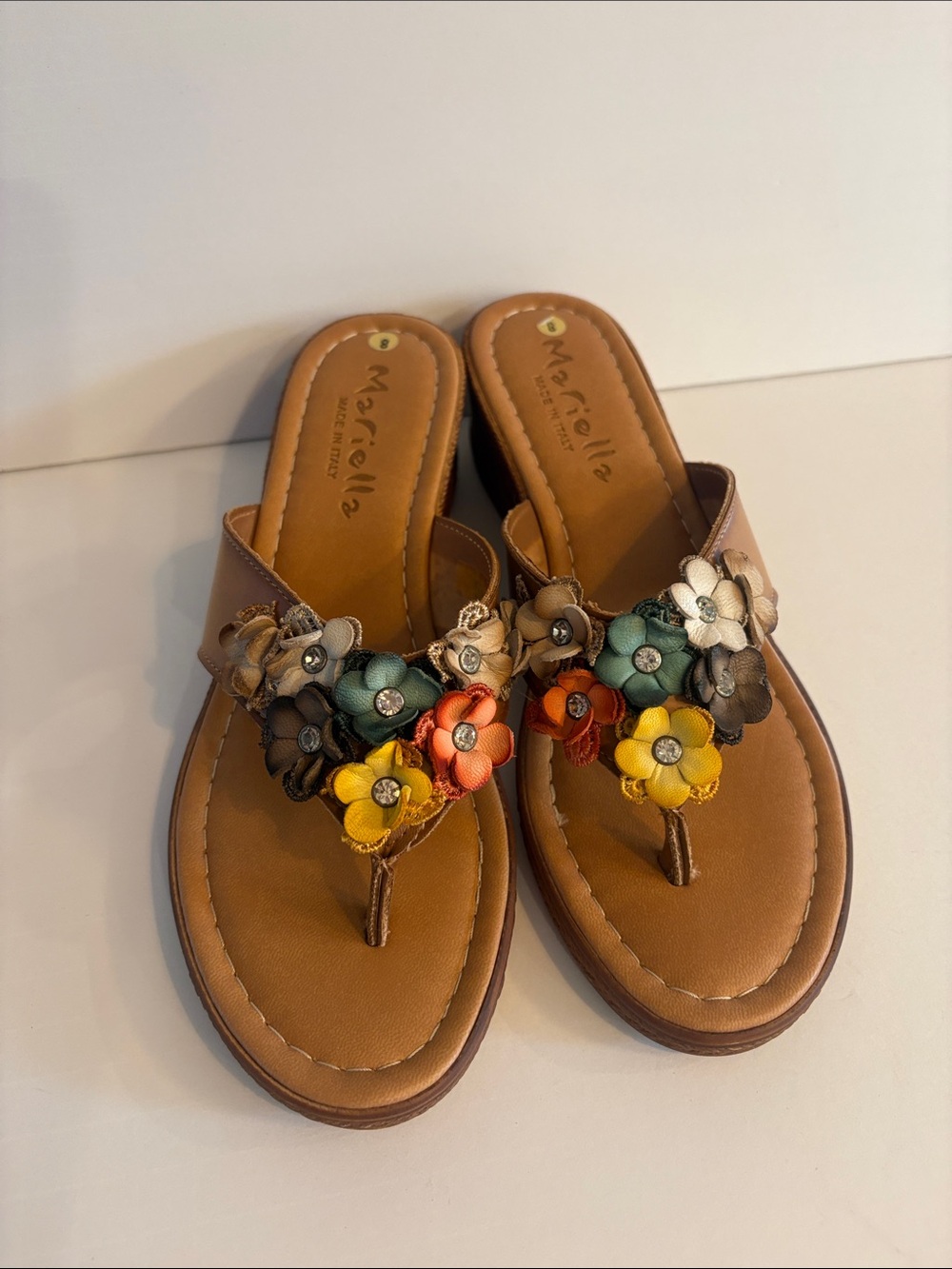 Mariella Tan Floral-Embellished Toe-Thong Sandals
